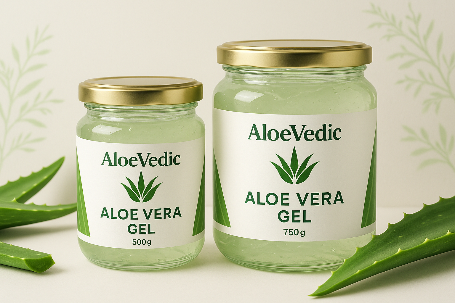 Generate product page show case for AloeVedic aloevera gel in a atchy way, place jars with sizes 500g and 750g